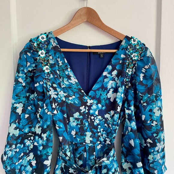 Badgley Mischka Blue Print Puff Sleeve Gown, Size 10 (NWT) - Picture 3 of 11